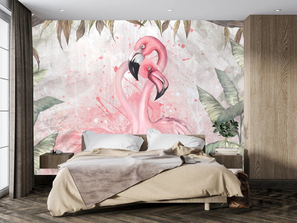 Flamingos Wallpaper, Fern Leaves Mural, Oversized Custom Size Wall Art, Non - Woven, Non - Adhesive, Modern Wall Paper, Removable - Adawall Wallpaper - Registered Trade Accounts Only, Wallpaper Wholesale Account - W77805 - Adawall Wholesale - Wallpaper Wholesaler