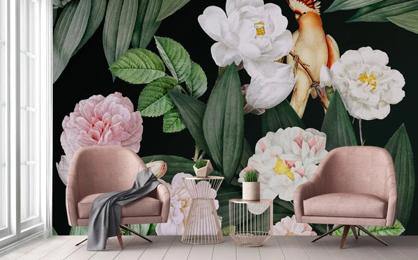 Floral Wall Mural, Green Peony Flower Parrot Wall Mural Art, Big Size Customizable Bird Theme, Non - Adhesive, Removable Wallpaper, Black, Washable, Home Interior Decor Wall Art - Adawall Wallpaper - Registered Trade Accounts Only, Wallpaper Wholesale Account - A316-2 - Adawall Wholesale - Wallpaper Wholesaler