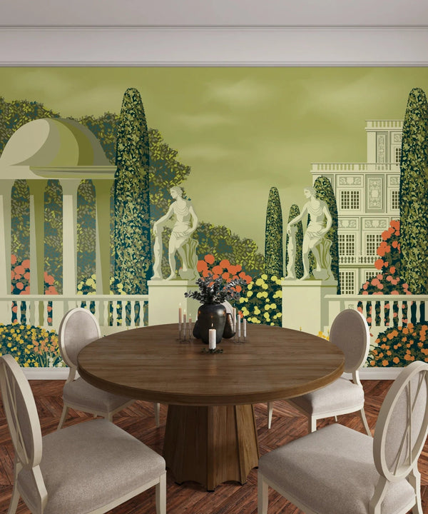 Flower Garden Wallpaper, Country House and Statues Mural, Oversized Custom Size Wall Art, Non - Woven, Non - Adhesive, Modern Wall Paper, Removable - Adawall Wallpaper - Registered Trade Accounts Only, Wallpaper Wholesale Account - W77763 - Adawall Wholesale - Wallpaper Wholesaler