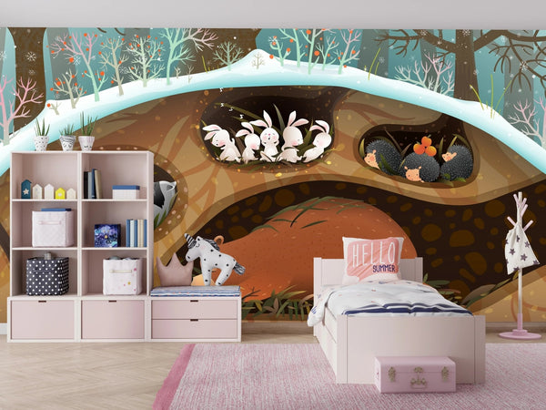 Forest Animals Wallpaper, Sleeping in Den Mural, Oversized Custom Size Wall Art, Non - Woven, Non - Adhesive, Modern Wall Paper, Removable - Adawall Wallpaper - Registered Trade Accounts Only, Wallpaper Wholesale Account - W78118 - Adawall Wholesale - Wallpaper Wholesaler