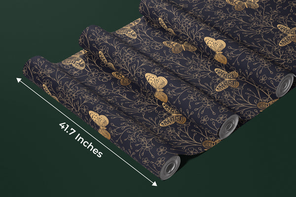 Gold Butterflies and Flowers Wallpaper, Black Background Mural, Oversized Custom Size Wall Art, Non-Woven, Non-Adhesive, Modern Wall Paper, Removable