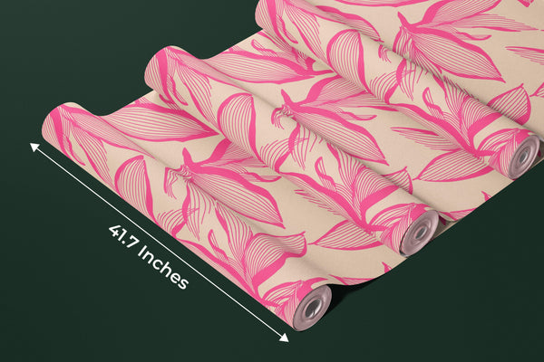 Pink Exotic Flowers Wallpaper, Seamless Pattern Mural, Oversized Custom Size Wall Art, Non-Woven, Non-Adhesive, Modern Wall Paper, Removable