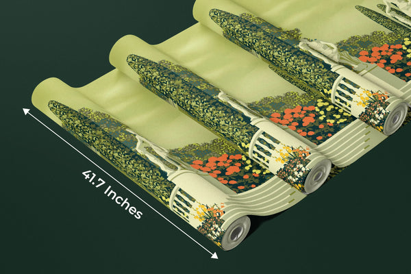 Flower Garden Wallpaper, Country House and Statues Mural, Oversized Custom Size Wall Art, Non-Woven, Non-Adhesive, Modern Wall Paper, Removable