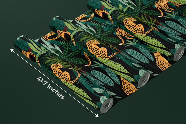 Leopards, Tropical Leaves Wallpaper, Seamless Pattern Mural, Oversized Custom Size Wall Art, Non-Woven, Non-Adhesive, Modern Wall Paper, Removable