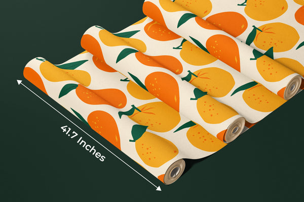 Mandarins, Beige Background Wallpaper, Seamless Pattern Mural, Oversized Custom Size Wall Art, Non-Woven, Non-Adhesive, Modern Wall Paper, Removable