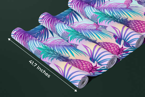 Pink and Blue Tropical Plants Wallpaper, Seamless Pattern Mural, Oversized Custom Size Wall Art, Non-Woven, Non-Adhesive, Modern Wall Paper, Removable