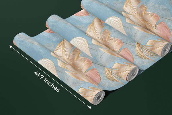 Golden Palms Wallpaper, Blue Background Mural, Oversized Custom Size Wall Art, Non-Woven, Non-Adhesive, Modern Wall Paper, Removable