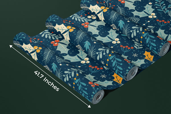 Leaves and Berries, Dark Blue Background Wallpaper, Seamless Pattern Mural, Oversized Custom Size Wall Art, Non-Woven, Non-Adhesive, Modern Wall Paper, Removable