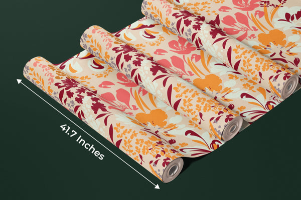 Floral Red and Yellow Wallpaper, Seamless Pattern Mural, Oversized Custom Size Wall Art, Non-Woven, Non-Adhesive, Modern Wall Paper, Removable