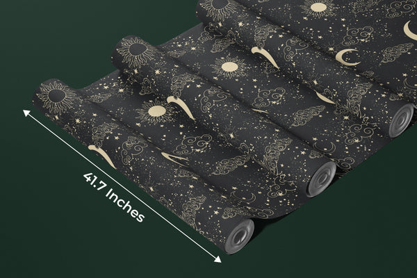Celestial Pattern Wallpaper, Black Background Mural, Oversized Custom Size Wall Art, Non-Woven, Non-Adhesive, Modern Wall Paper, Removable