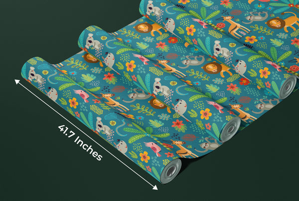 Tropical Animals Wallpaper, Green Background Mural, Oversized Custom Size Wall Art, Non-Woven, Non-Adhesive, Modern Wall Paper, Removable