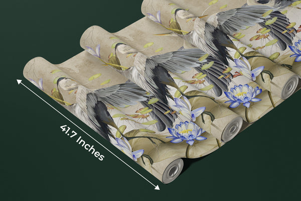 Birds Wallpaper, Lotus Mural, Oversized Custom Size Wall Art, Non-Woven, Non-Adhesive, Modern Wall Paper, Removable