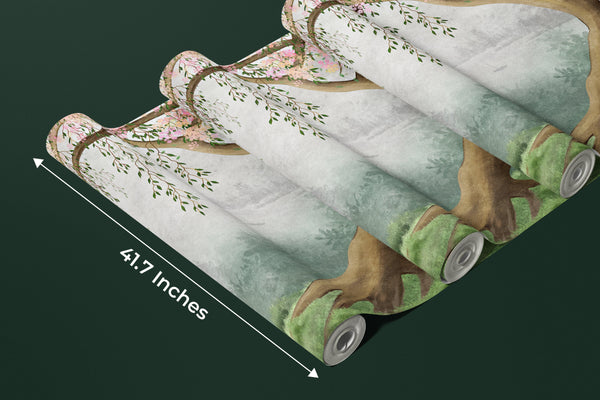 Willow Tree Wallpaper, Pink Flowers Mural, Oversized Custom Size Wall Art, Non-Woven, Non-Adhesive, Modern Wall Paper, Removable