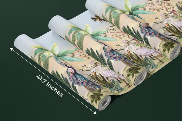 Chinoiserie Style Wallpaper, Birds, Plants Mural, Oversized Custom Size Wall Art, Non-Woven, Non-Adhesive, Modern Wall Paper, Removable