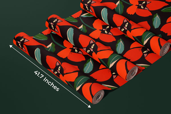 Red Floral, Kittens Wallpaper, Seamless Pattern Mural, Oversized Custom Size Wall Art, Non-Woven, Non-Adhesive, Modern Wall Paper, Removable