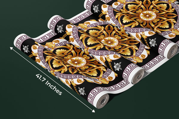 Golden Baroque Wallpaper, Black Background Mural, Oversized Custom Size Wall Art, Non-Woven, Non-Adhesive, Modern Wall Paper, Removable