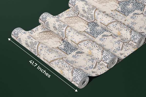 Vintage Tile Wallpaper, Hexagon Pattern Mural, Oversized Custom Size Wall Art, Non-Woven, Non-Adhesive, Modern Wall Paper, Removable