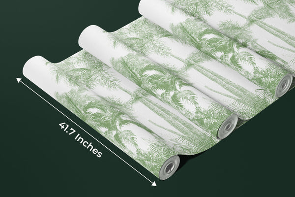 Tropical Green Trees Wallpaper, White Background Mural, Oversized Custom Size Wall Art, Non-Woven, Non-Adhesive, Modern Wall Paper, Removable