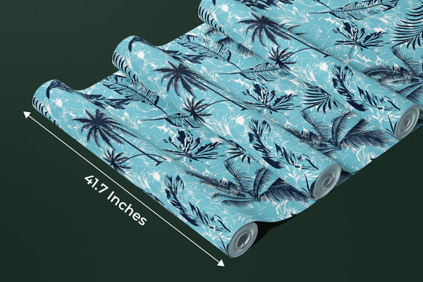 Tropical Plants, Blue Background Wallpaper, Seamless Pattern Mural, Oversized Custom Size Wall Art, Non-Woven, Non-Adhesive, Modern Wall Paper, Removable