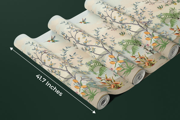 Blossom Chinoiserie Wallpaper, Birds Mural, Oversized Custom Size Wall Art, Non-Woven, Non-Adhesive, Modern Wall Paper, Removable