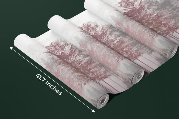 Red and Gray Trees Wallpaper, Foggy Forest Mural, Oversized Custom Size Wall Art, Non-Woven, Non-Adhesive, Modern Wall Paper, Removable