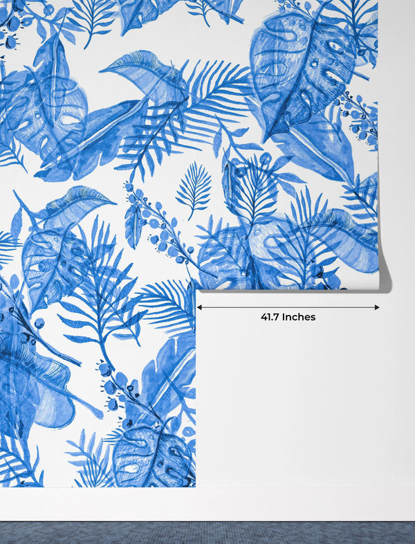 Blue Tropic Plants Wallpaper, Aquamarine Tropical Mural, Oversized Custom Size Wall Art, Non-Woven, Non-Adhesive, Modern Wall Paper, Removable