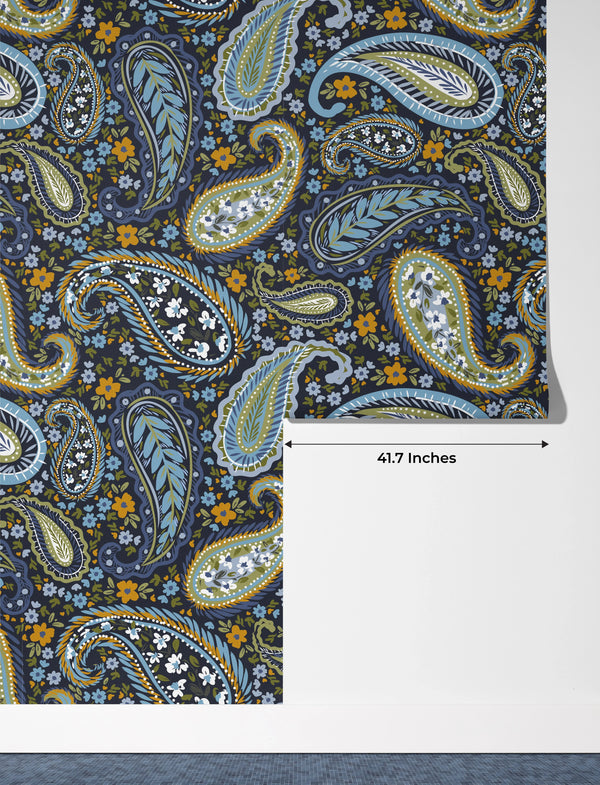 Indian Floral Pattern Wallpaper, Dark Background Mural, Oversized Custom Size Wall Art, Non-Woven, Non-Adhesive, Modern Wall Paper, Removable