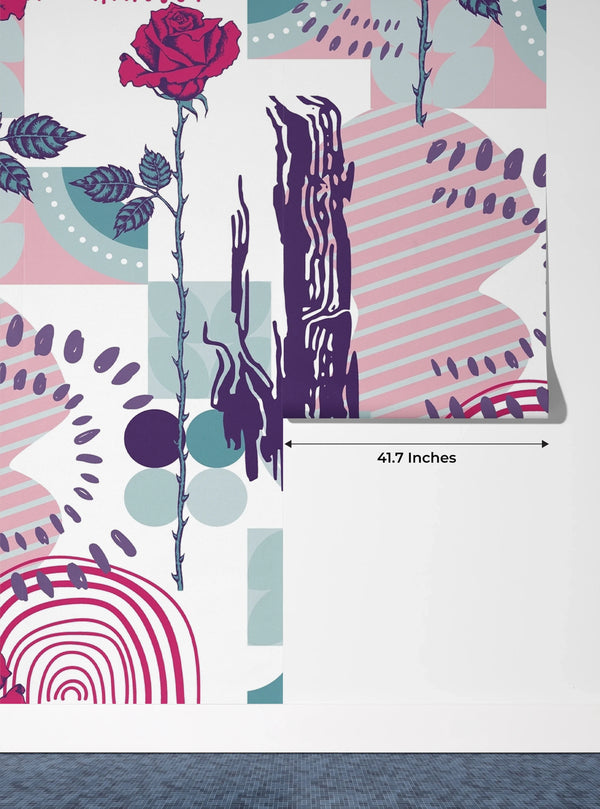 Rose and Abstract Figures Wallpaper, Seamless Pattern Mural, Oversized Custom Size Wall Art, Non-Woven, Non-Adhesive, Modern Wall Paper, Removable
