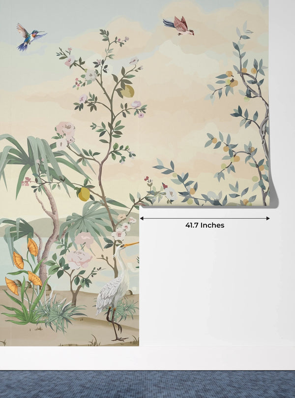 Blossom Chinoiserie Wallpaper, Birds Mural, Oversized Custom Size Wall Art, Non-Woven, Non-Adhesive, Modern Wall Paper, Removable
