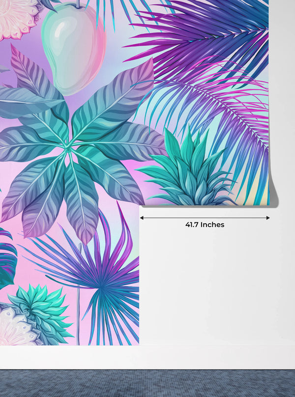Pink and Blue Tropical Plants Wallpaper, Seamless Pattern Mural, Oversized Custom Size Wall Art, Non-Woven, Non-Adhesive, Modern Wall Paper, Removable