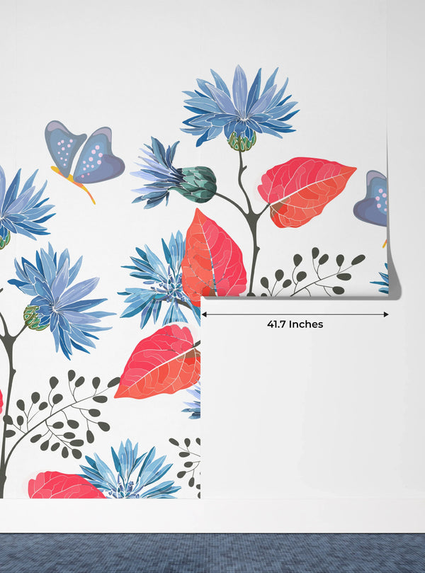 Blue Flowers, Red Leaves Wallpaper, Seamless Pattern Mural, Oversized Custom Size Wall Art, Non-Woven, Non-Adhesive, Modern Wall Paper, Removable