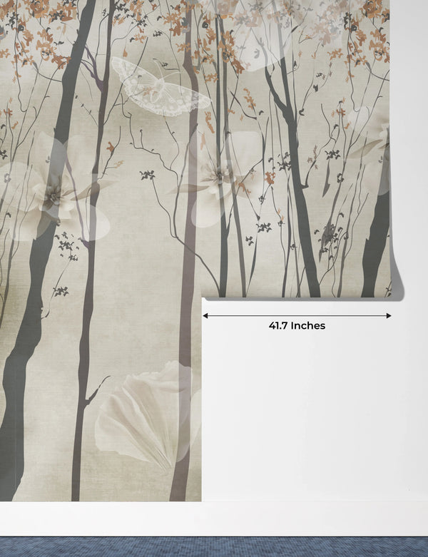Brown Floral Wallpaper, Trees Mural, Oversized Custom Size Wall Art, Non-Woven, Non-Adhesive, Modern Wall Paper, Removable