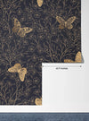 Gold Butterflies and Flowers Wallpaper, Black Background Mural, Oversized Custom Size Wall Art, Non-Woven, Non-Adhesive, Modern Wall Paper, Removable