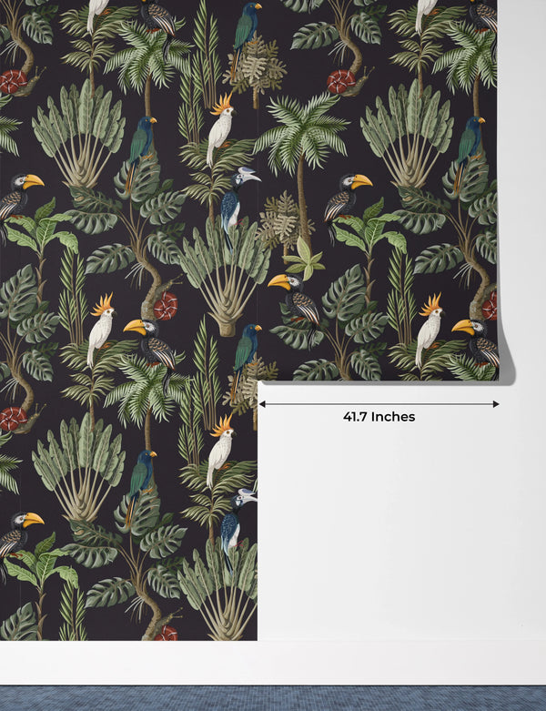 Exotic Plants and Birds Wallpaper, Forest Mural, Oversized Custom Size Wall Art, Non-Woven, Non-Adhesive, Modern Wall Paper, Removable