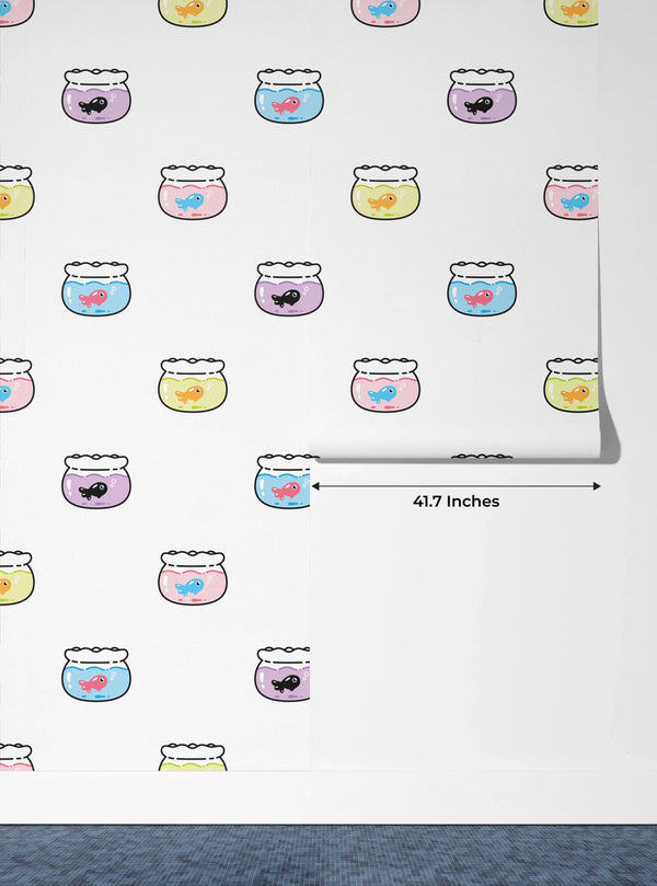 Goldfishes Doodle Wallpaper, Seamless Pattern Mural, Oversized Custom Size Wall Art, Non-Woven, Non-Adhesive, Modern Wall Paper, Removable