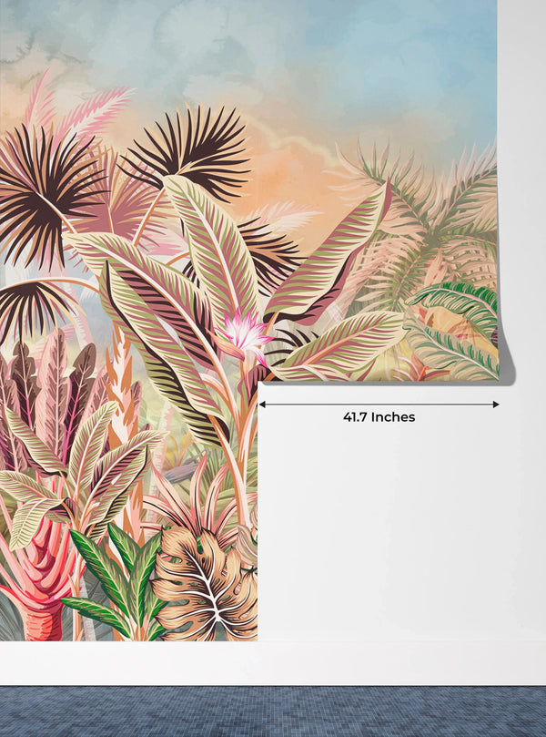 Tropical Forest Wallpaper, Leaves and Trees Mural, Oversized Custom Size Wall Art, Non-Woven, Non-Adhesive, Modern Wall Paper, Removable