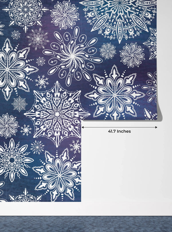 Snowflakes, Dark Blue and Purple Background Wallpaper, Seamless Pattern Mural, Oversized Custom Size Wall Art, Non-Woven, Non-Adhesive, Modern Wall Paper, Removable