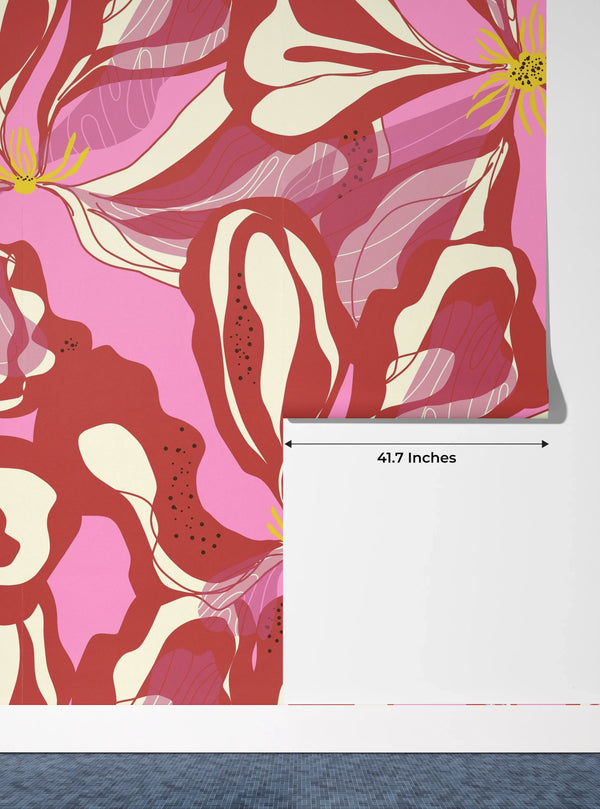 Abstract Red Flowers Wallpaper, Seamless Pattern Mural, Oversized Custom Size Wall Art, Non-Woven, Non-Adhesive, Modern Wall Paper, Removable