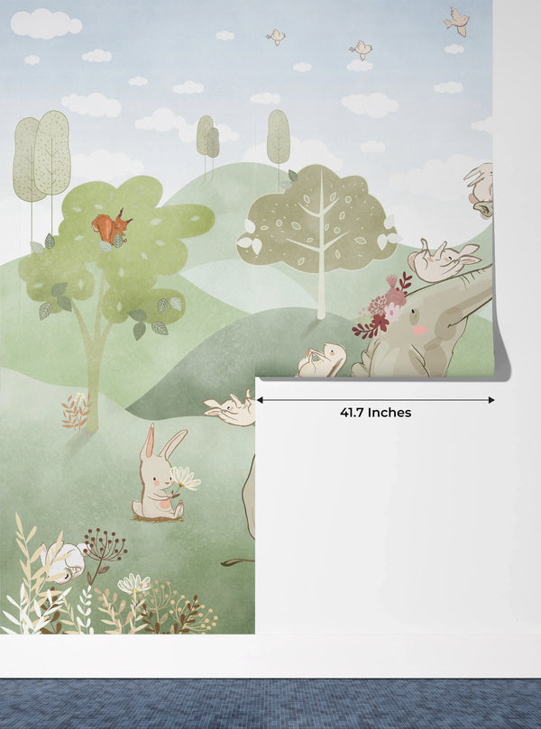 Forest Animals Wallpaper, Woodland Summer Mural, Oversized Custom Size Wall Art, Non-Woven, Non-Adhesive, Modern Wall Paper, Removable