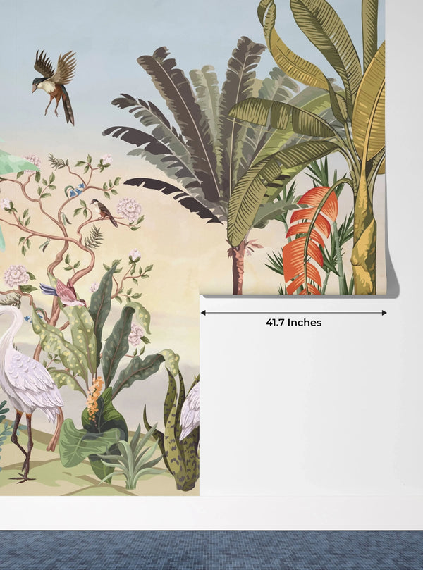 Chinoiserie Style Wallpaper, Birds, Plants Mural, Oversized Custom Size Wall Art, Non-Woven, Non-Adhesive, Modern Wall Paper, Removable