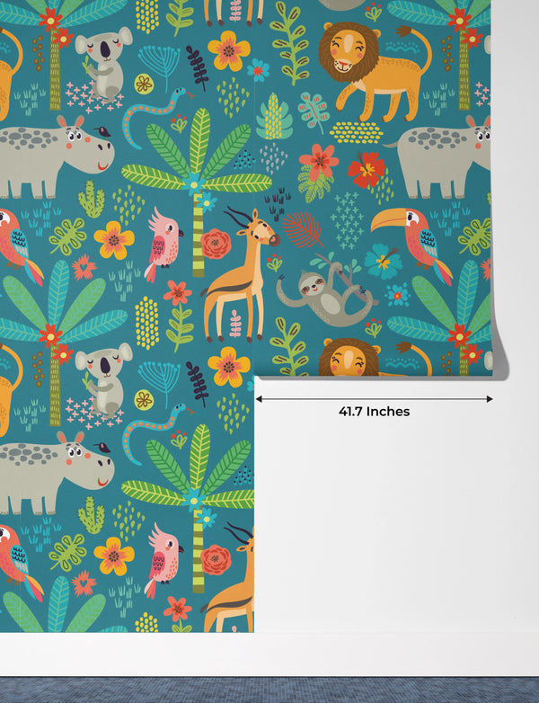 Tropical Animals Wallpaper, Green Background Mural, Oversized Custom Size Wall Art, Non-Woven, Non-Adhesive, Modern Wall Paper, Removable