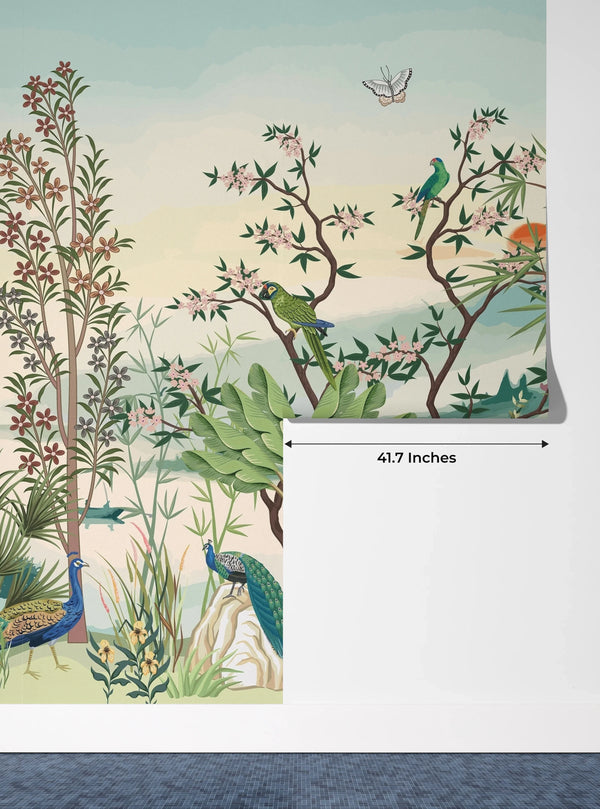 Chinoiserie Wallpaper, Floral Trees and Birds Mural, Oversized Custom Size Wall Art, Non-Woven, Non-Adhesive, Modern Wall Paper, Removable