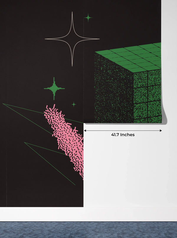 Green Cube Wallpaper, Abstract Geometric Shapes Mural, Oversized Custom Size Wall Art, Non-Woven, Non-Adhesive, Modern Wall Paper, Removable