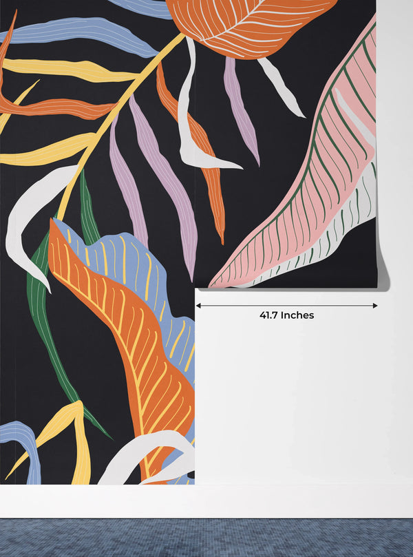 Colorful Leaves Wallpaper, Dark Background Mural, Oversized Custom Size Wall Art, Non-Woven, Non-Adhesive, Modern Wall Paper, Removable