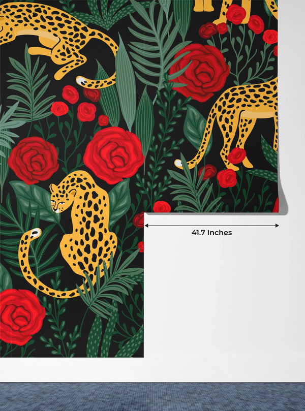 Leopards and Red Roses Wallpaper, Seamless Pattern Mural, Oversized Custom Size Wall Art, Non-Woven, Non-Adhesive, Modern Wall Paper, Removable
