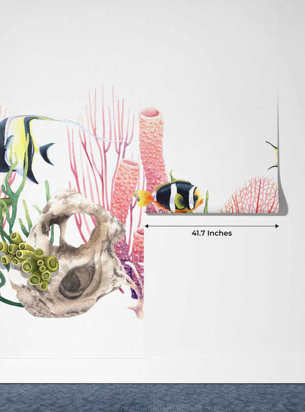 Fishes and Corals Wallpaper, White Background Mural, Oversized Custom Size Wall Art, Non-Woven, Non-Adhesive, Modern Wall Paper, Removable