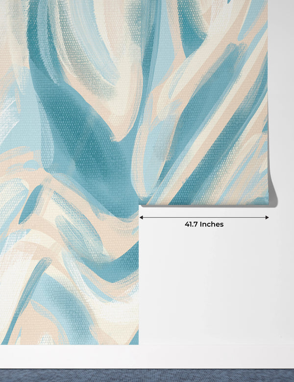 Abstract Teal, Beige Wallpaper, Paint Strokes Mural, Oversized Custom Size Wall Art, Non-Woven, Non-Adhesive, Modern Wall Paper, Removable