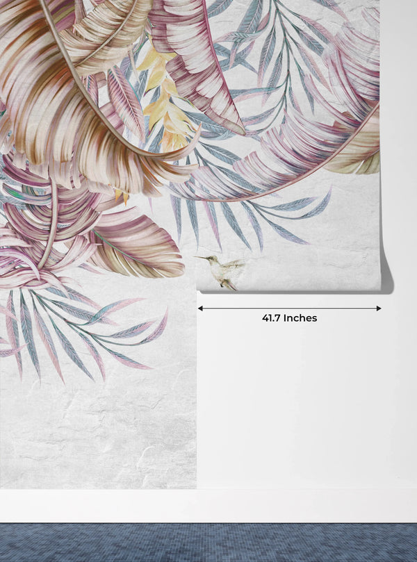 Tropical Leaves Wallpaper, Hummingbirds Mural, Oversized Custom Size Wall Art, Non-Woven, Non-Adhesive, Modern Wall Paper, Removable