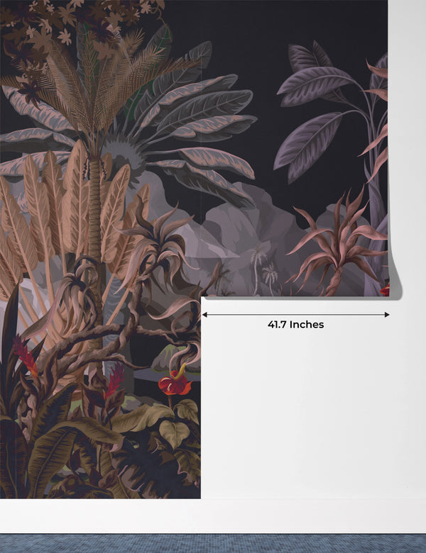 Dark Jungle Landscape Wallpaper, Tropical Trees Wall Mural, Oversized Custom Size Wall Art, Non-Woven, Non-Adhesive, Modern Wall Paper, Removable