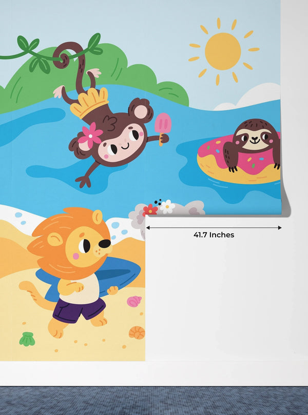 Happy Little Animals Wallpaper, Tropical Beach Mural, Oversized Custom Size Wall Art, Non-Woven, Non-Adhesive, Modern Wall Paper, Removable